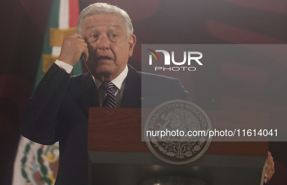 Andres Manuel Lopez Obrador, President of Mexico, during his penultimate press conference in Mexico City, Mexico, on September 27, 2024, at...