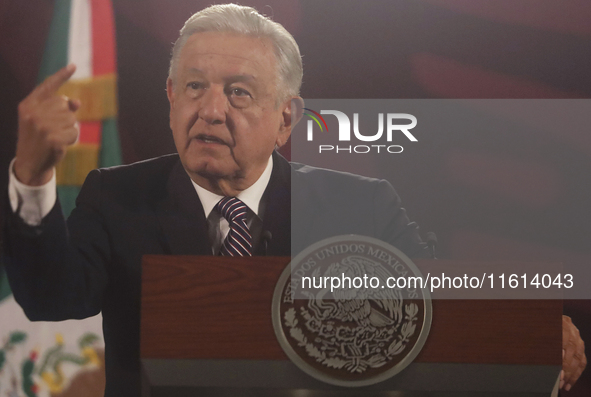 Andres Manuel Lopez Obrador, President of Mexico, during his penultimate press conference in Mexico City, Mexico, on September 27, 2024, at...