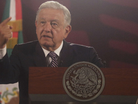 Andres Manuel Lopez Obrador, President of Mexico, during his penultimate press conference in Mexico City, Mexico, on September 27, 2024, at...