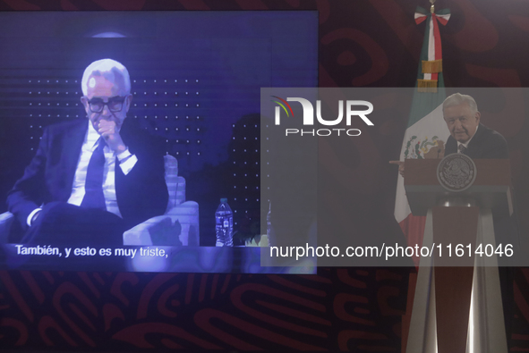 Andres Manuel Lopez Obrador, President of Mexico, during his penultimate press conference in Mexico City, Mexico, on September 27, 2024, at...