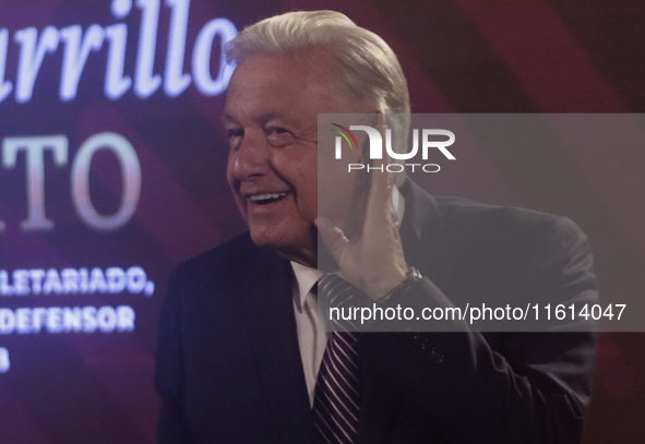 Andres Manuel Lopez Obrador, President of Mexico, during his penultimate press conference in Mexico City, Mexico, on September 27, 2024, at...