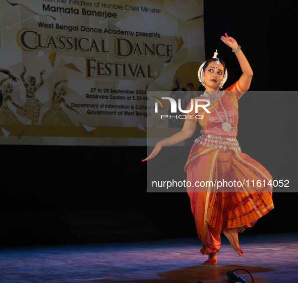 An artist performs at the Classical Dance Festival, organized by the West Bengal Government International and Cultural Affairs Department in...