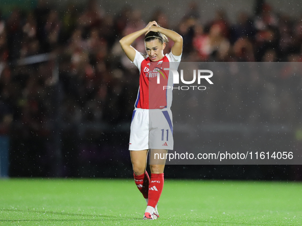 Katie McCabe of Arsenal fixes her hair during the UEFA Champions League Second Round, 2nd Leg between Arsenal and BK Hacken at Meadow Park i...