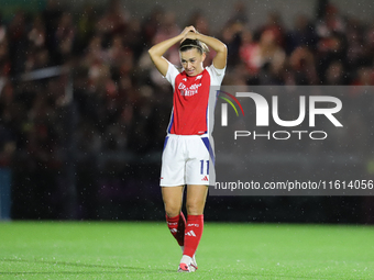 Katie McCabe of Arsenal fixes her hair during the UEFA Champions League Second Round, 2nd Leg between Arsenal and BK Hacken at Meadow Park i...