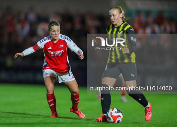 Johanna Fossdalso Sorensen of BK Hacken in action with Kim Little of Arsenal during the UEFA Champions League Second Round, 2nd Leg between...