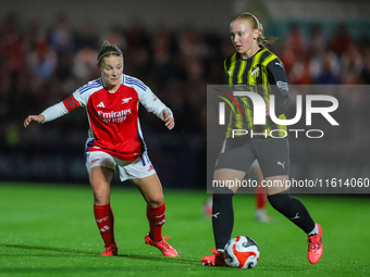 Johanna Fossdalso Sorensen of BK Hacken in action with Kim Little of Arsenal during the UEFA Champions League Second Round, 2nd Leg between...