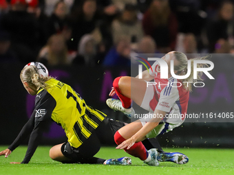 Elma Junttila-Nelhage of BK Hacken in action with Beth Mead of Arsenal during the UEFA Champions League Second Round, 2nd Leg between Arsena...