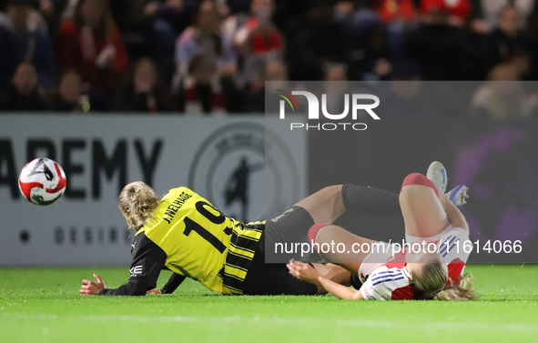 Elma Junttila-Nelhage of BK Hacken is in action with Beth Mead of Arsenal during the UEFA Champions League Second Round, 2nd Leg between Ars...