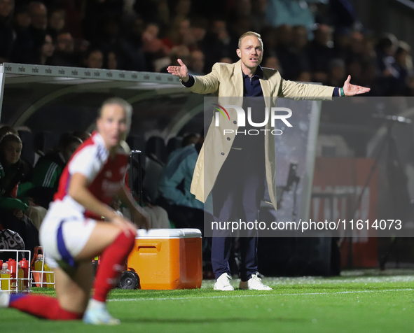 Arsenal manager Jonas Eidevall during the UEFA Champions League Second Round, 2nd Leg between Arsenal and BK Hacken at Meadow Park in Boreha...