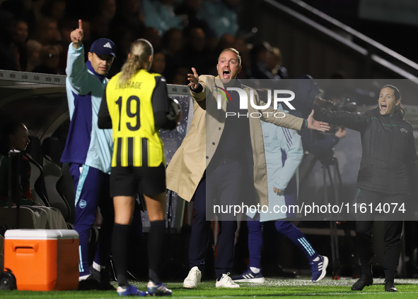 Arsenal manager Jonas Eidevall during the UEFA Champions League Second Round, 2nd Leg between Arsenal and BK Hacken at Meadow Park in Boreha...