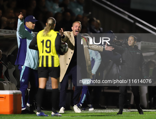 Arsenal manager Jonas Eidevall during the UEFA Champions League Second Round, 2nd Leg between Arsenal and BK Hacken at Meadow Park in Boreha...