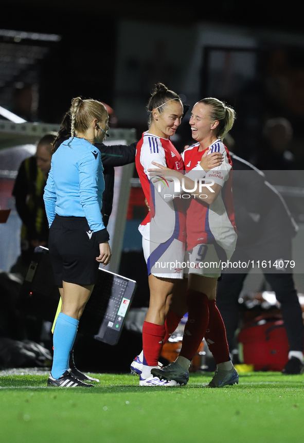 Beth Mead and Caitlin Ford of Arsenal during the UEFA Champions League Second Round, 2nd Leg between Arsenal and BK Hacken at Meadow Park in...