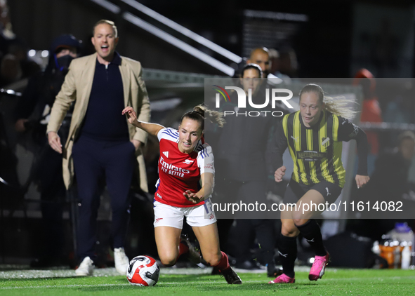 Lia Walti of Arsenal goes down after a challenge during the UEFA Champions League Second Round, 2nd Leg between Arsenal and BK Hacken at Mea...