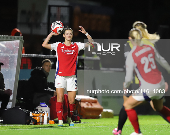 Emily Fox of Arsenal is in action during the UEFA Champions League Second Round, 2nd Leg between Arsenal and BK Hacken at Meadow Park in Bor...