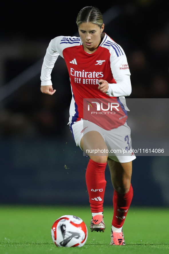 Kyra Cooney Cross of Arsenal is in action during the UEFA Champions League Second Round, 2nd Leg between Arsenal and BK Hacken at Meadow Par...