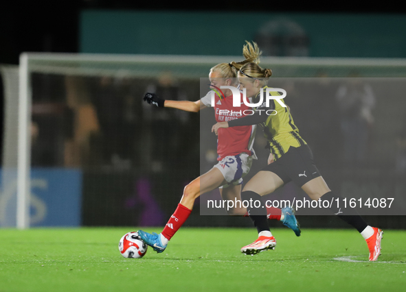 Paulina Nystrom of BK Hacken battles with Frida Maanum of Arsenal during the UEFA Champions League Second Round, 2nd Leg between Arsenal and...