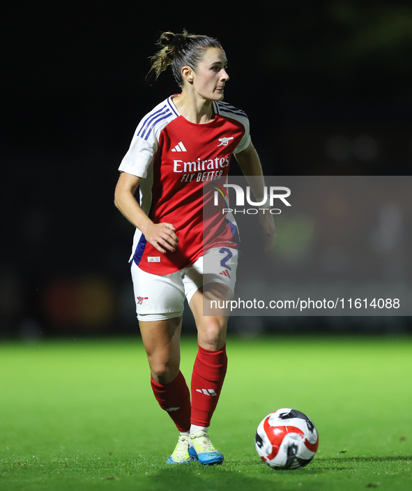 Emily Fox of Arsenal is in action during the UEFA Champions League Second Round, 2nd Leg between Arsenal and BK Hacken at Meadow Park in Bor...