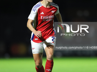 Emily Fox of Arsenal is in action during the UEFA Champions League Second Round, 2nd Leg between Arsenal and BK Hacken at Meadow Park in Bor...