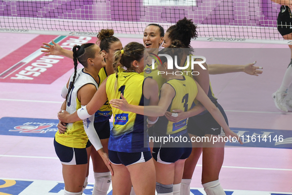 Wash4green Pinerolo celebrates scoring during the team's International Trophy ''Una squadra per un sorriso'' match between Wash4green Pinero...