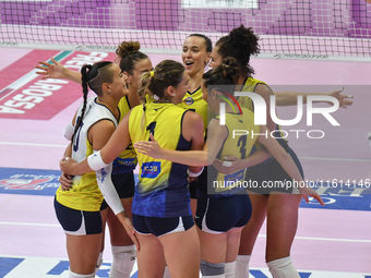 Wash4green Pinerolo celebrates scoring during the team's International Trophy ''Una squadra per un sorriso'' match between Wash4green Pinero...