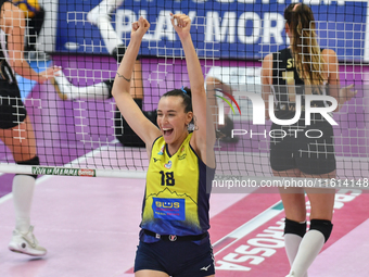 Yasmina Akrari of Pinerolo celebrates scoring during her team's International Trophy ''Una squadra per un sorriso'' match between Wash4green...