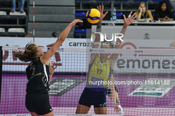 #7 Kiera Van Ryk of VakifBank Spor Kulubu is in action during the International Trophy ''Una squadra per un sorriso'' match between Wash4gre...