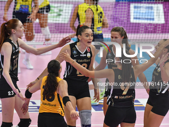 VakifBank Spor Kulubu celebrates scoring the team's international trophy during the ''Una squadra per un sorriso'' match between Wash4green...