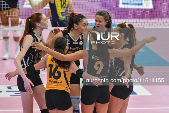 VakifBank Spor Kulubu celebrates scoring the team's international trophy during the ''Una squadra per un sorriso'' match between Wash4green...