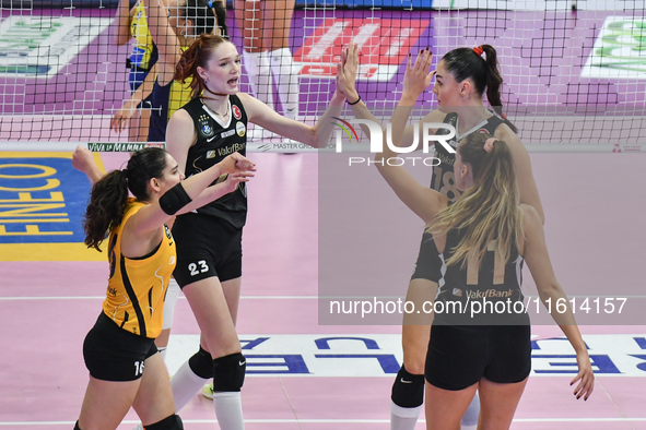 VakifBank Spor Kulubu celebrates scoring during the team's International Trophy ''Una squadra per un sorriso'' match between Wash4green Pine...