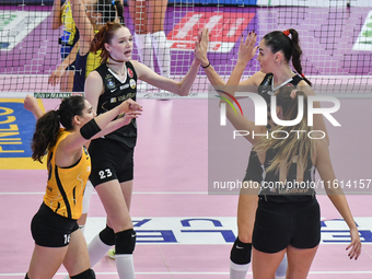 VakifBank Spor Kulubu celebrates scoring during the team's International Trophy ''Una squadra per un sorriso'' match between Wash4green Pine...