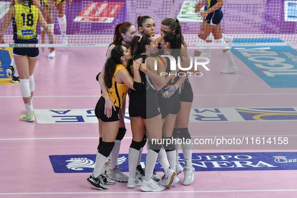 VakifBank Spor Kulubu celebrates scoring during the team's International Trophy ''Una squadra per un sorriso'' match between Wash4green Pine...