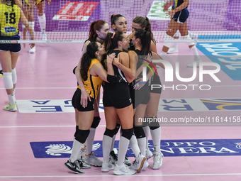 VakifBank Spor Kulubu celebrates scoring during the team's International Trophy ''Una squadra per un sorriso'' match between Wash4green Pine...