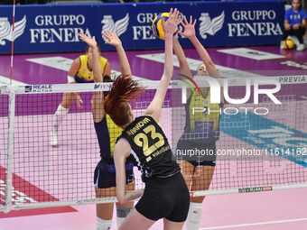 Marina Markova of VakifBank Spor Kulubu is in action during the International Trophy ''Una squadra per un sorriso'' match between Wash4green...