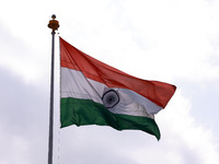 The Indian National Flag (Tri-Color) waves amid winds at the Line of Control in Kupwara, Jammu and Kashmir, India, on September 27, 2024. (