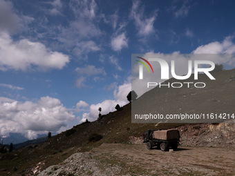 An Indian army vehicle is stationed in Tangdhar, Kupwara, Jammu and Kashmir, India, on September 27, 2024. (