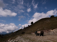 An Indian army vehicle is stationed in Tangdhar, Kupwara, Jammu and Kashmir, India, on September 27, 2024. (