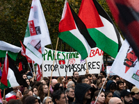 Demonstrators hold Palestinian and Lebanese flags and a banner reading 'Palestine Lebanon, stop the massacres' during a gathering called in...