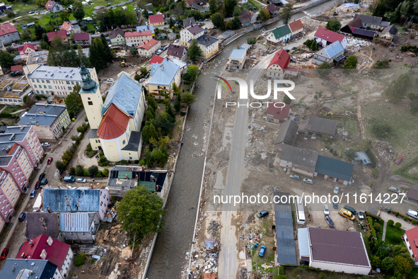 Aerial view of destroyed  buildings and streets as massive flooding affected tourist resorts in southern Poland - Ladek Zdroj, Poland on Sep...