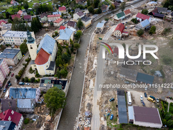 Aerial view of destroyed  buildings and streets as massive flooding affected tourist resorts in southern Poland - Ladek Zdroj, Poland on Sep...