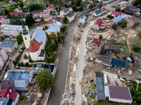 Aerial view of destroyed  buildings and streets as massive flooding affected tourist resorts in southern Poland - Ladek Zdroj, Poland on Sep...