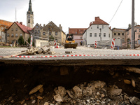 Washed out edge of a road is seen as massive flooding affected tourist resorts in southern Poland - Ladek Zdroj, Poland on September 27, 202...