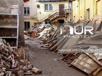 Debris from destroyed  buildings are seen  as massive flooding affected tourist resorts in southern Poland - Klodzko, Poland on September 27...