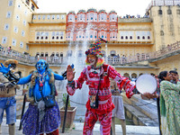 Artists perform during the World Tourism Day celebration at the historical Hawa Mahal in Jaipur, Rajasthan, India, on September 27, 2024. (