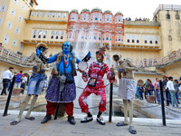 Artists perform during the World Tourism Day celebration at the historical Hawa Mahal in Jaipur, Rajasthan, India, on September 27, 2024. (