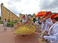 Rajasthani folk artists perform during the World Tourism Day celebration at the historical Jantar Mantar in Jaipur, Rajasthan, India, on Sep...