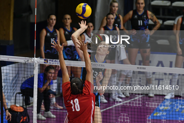 Lucille Giquel of Chieri '76 is in action during the International Trophy ''Una squadra per un sorriso'' match between Reale Mutua Fenera Ch...