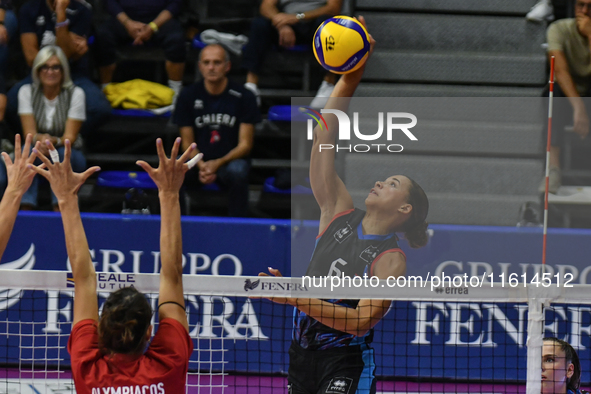 Avery Skinner of Chieri '76 is in action during the International Trophy ''Una squadra per un sorriso'' match between Reale Mutua Fenera Chi...