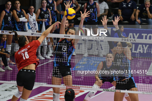 Yasmine Abderrahim of Olympiacos Athens is in action during the International Trophy ''Una squadra per un sorriso'' match between Reale Mutu...