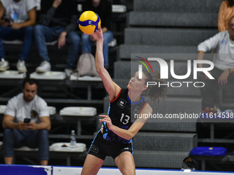 Lucille Giquel of Chieri '76 is in action during the International Trophy ''Una squadra per un sorriso'' match between Reale Mutua Fenera Ch...