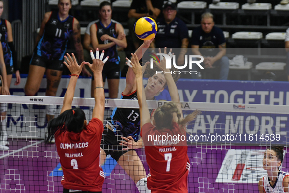 Lucille Giquel of Chieri '76 is in action during the International Trophy ''Una squadra per un sorriso'' match between Reale Mutua Fenera Ch...